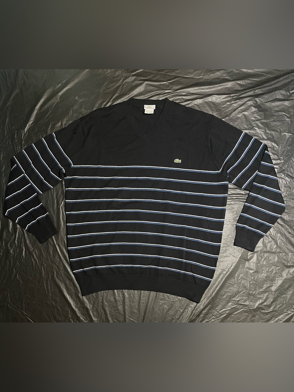Lacoste Black V-Neck Sweater with Light Blue and White Stripes
